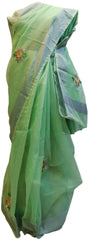 Green Designer PartyWear Pure Supernet (Cotton) Thread Stone Work Saree Sari With Self Grey Border