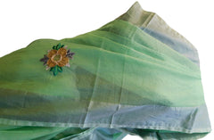 Green Designer PartyWear Pure Supernet (Cotton) Thread Stone Work Saree Sari With Self Grey Border