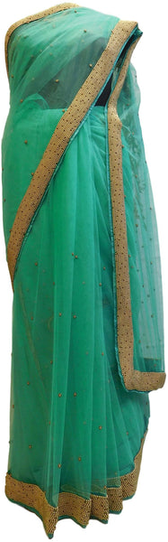 Turquoise Designer PartyWear Net Sequence Cutdana Pearl Beads Stone Hand Embroidery Saree Sari