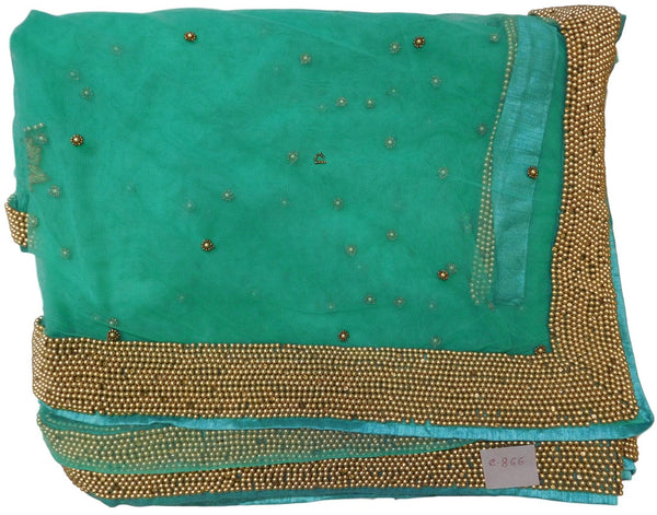 Turquoise Designer PartyWear Net Sequence Cutdana Pearl Beads Stone Hand Embroidery Saree Sari