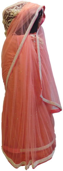 Pink Designer PartyWear Net Sequence Cutdana Pearl Thread Stone Hand Embroidery Saree Sari