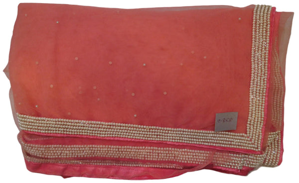 Pink Designer PartyWear Net Sequence Cutdana Pearl Thread Stone Hand Embroidery Saree Sari