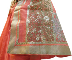Peach Designer PartyWear Pure Supernet (Cotton) Thread Zari Sequence Work Saree Sari With Beige Border