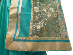 Turquoise Designer PartyWear Pure Supernet (Cotton) Thread Sequence Zari Work Saree Sari With Beige Border