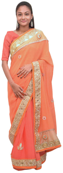 Orange & Pink Designer PartyWear Georgette (Viscos) Thread Zari Sequence Pearl Stone Hand Embroidery Cutwork Border Saree Sari