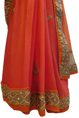 Orange & Pink Designer PartyWear Georgette (Viscos) Thread Zari Sequence Pearl Stone Hand Embroidery Cutwork Border Saree Sari