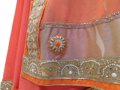 Orange & Pink Designer PartyWear Georgette (Viscos) Thread Zari Sequence Pearl Stone Hand Embroidery Cutwork BorderSaree Sari