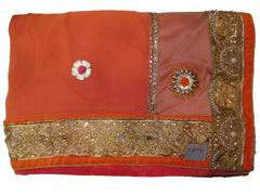 Orange & Pink Designer PartyWear Georgette (Viscos) Thread Zari Sequence Pearl Stone Hand Embroidery Cutwork BorderSaree Sari