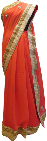 Red Designer PartyWear Georgette (Viscos) Zari Pearl Stone Hand Embroidery Saree Sari