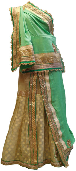 Green & Golden Designer PartyWear Lahenga Style Crepe (Chinon) Zari Pearl Sequence Bullion Mirror Stone Hand Embroidery Saree Sari