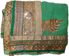Green & Golden Designer PartyWear Lahenga Style Crepe (Chinon) Zari Pearl Sequence Bullion Mirror Stone Hand Embroidery Saree Sari