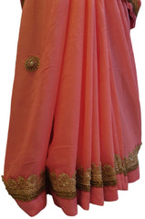 Pink Designer PartyWear Georgette (Viscos) Zari Pearl Thread Bullion Beads Stone Hand Embroidery Work Saree Sari