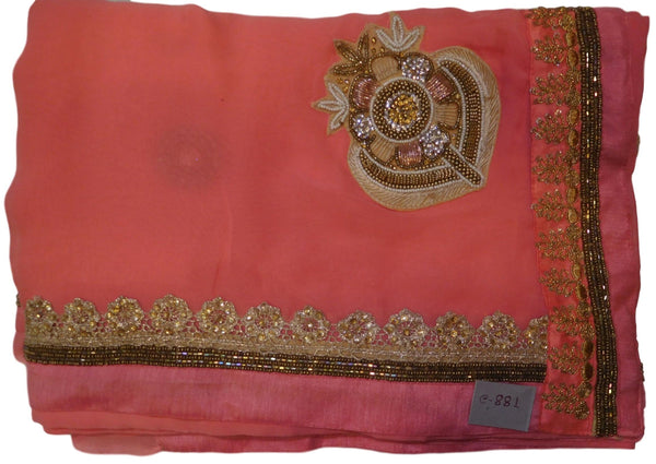 Pink Designer PartyWear Georgette (Viscos) Zari Pearl Thread Bullion Beads Stone Hand Embroidery Work Saree Sari