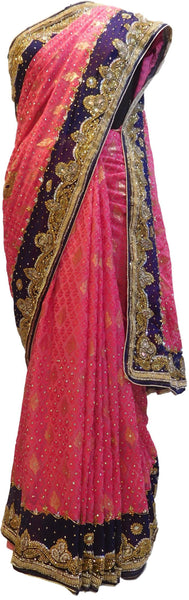 Pink & Blue Designer Wedding Partywear Brasso Bullion Cutdana Thread Stone Hand Embroidery Work Bridal Saree Sari