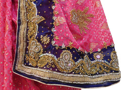Pink & Blue Designer Wedding Partywear Brasso Bullion Cutdana Thread Stone Hand Embroidery Work Bridal Saree Sari