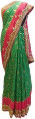 Green & Pink Designer Wedding Partywear Brasso Bullion Cutdana Thread Stone Hand Embroidery Work Bridal Saree Sari