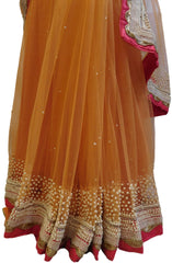 Peach Designer PartyWear Net Zari Pearl Beads Stone Hand Embroidery Saree Sari