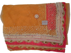 Peach Designer PartyWear Net Zari Pearl Beads Stone Hand Embroidery Saree Sari