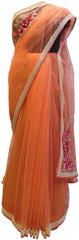 Orange Designer PartyWear Net Sequence Cutdana Pearl Beads Stone Hand Embroidery Saree Sari