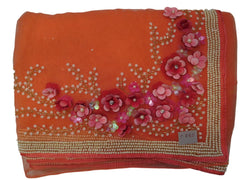Orange Designer PartyWear Net Sequence Cutdana Pearl Beads Stone Hand Embroidery Saree Sari