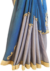 Grey & Blue Designer Wedding Partywear Crepe (Chinon) Bullion Sequnce Cutdana Beads Thread Stone Hand Embroidery Work Bridal Saree Sari