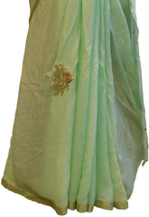 Pista Green Designer PartyWear Crepe (Chinon) Thread Bullion Cutdana Sequence Work Saree Sari