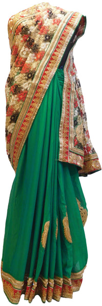 Green Designer PartyWear Georgette Zari Thread Sequence Stone Work Saree Sari