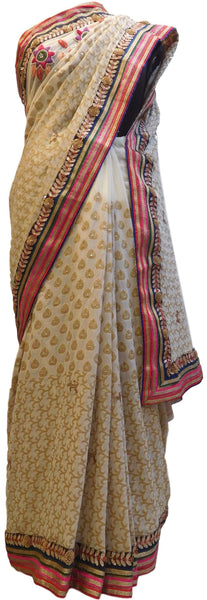Cream Designer Wedding Partywear Pure Georgette Bullion Thread Gota Sequence Zari Hand Embroidery Work Border Bridal Saree Sari