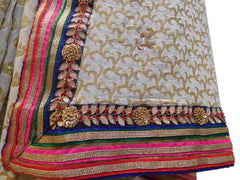 Cream Designer Wedding Partywear Pure Georgette Bullion Thread Gota Sequence Zari Hand Embroidery Work Border Bridal Saree Sari