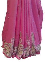 Pink Designer Wedding Partywear Georgette Beads Thread Stone Hand Embroidery Work Bridal Saree Sari
