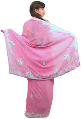 Pink Designer Wedding Partywear Georgette Beads Thread Stone Hand Embroidery Work Bridal Saree Sari C896
