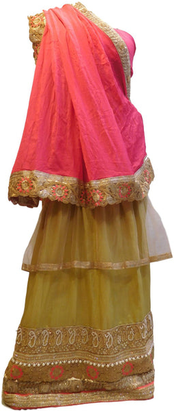 Pink & Beige Designer PartyWear Crepe (Chinon) & Net Thread Zari Pearl Stone Hand Embroidery Work Lahnega Style Saree Sari