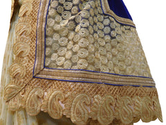 Blue & Cream Designer PartyWear Velvet & Georgette Thread Zari Stone Work Saree Sari