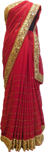 Red Designer PartyWear Georgette Cutdana Beads Stone Hand Embroidery Work Saree Sari