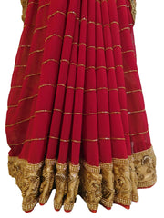 Red Designer PartyWear Georgette Cutdana Beads Stone Hand Embroidery Work Saree Sari