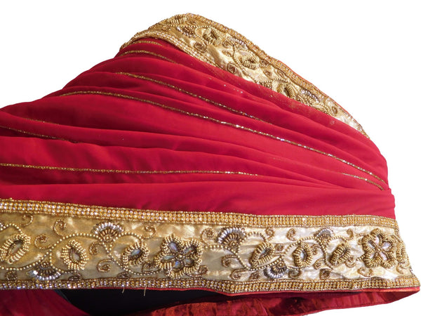 Red Designer PartyWear Georgette Cutdana Beads Stone Hand Embroidery Work Saree Sari