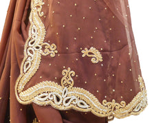Brown Designer PartyWear Georgette Bullion Stone Hand Embroidery Cutwork BorderSaree Sari