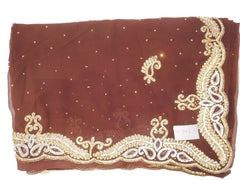 Brown Designer PartyWear Georgette Bullion Stone Hand Embroidery Cutwork BorderSaree Sari