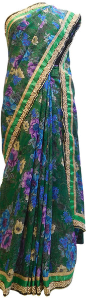 Green Designer PartyWear Floral Printed Georgette Pearl Stone Zari Work Saree Sari