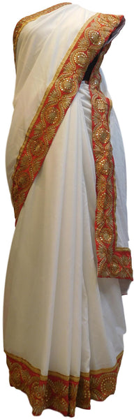 White Designer PartyWear Georgette Sequence Zari Work Saree Sari With Red Border