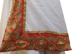 White Designer PartyWear Georgette Sequence Zari Work Saree Sari With Red Border