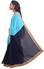 Turquoise & Blue Designer PartyWear Georgette Stone Zari Work Saree Sari C910