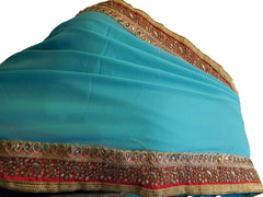 Turquoise & Blue Designer PartyWear Georgette Stone Zari Work Saree Sari C910