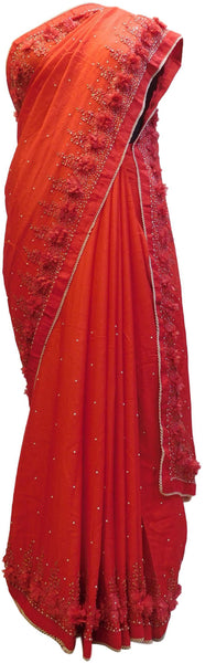 Red Designer PartyWear Georgette Thread Pearl Cutdana Stone Hand Embroidery Work Saree Sari