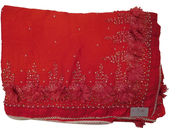 Red Designer PartyWear Georgette Thread Pearl Cutdana Stone Hand Embroidery Work Saree Sari