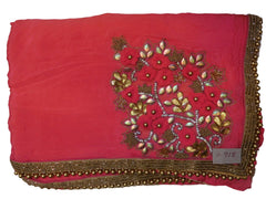 Pink Designer PartyWear Crepe (Chinon) Thread Stone Beads Cutdana Hand Embroidery Work Saree Sari