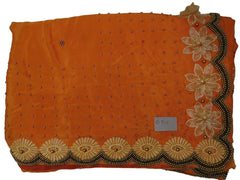 Peach Designer PartyWear Crepe (Chinon) Thread Pearl Beads Hand Embroidery Work Saree Sari