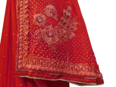 Red Designer PartyWear Georgette Thread Pearl Cutdana Stone Hand Embroidery Work Saree Sari