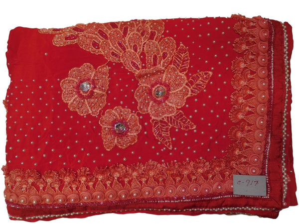 Red Designer PartyWear Georgette Thread Pearl Cutdana Stone Hand Embroidery Work Saree Sari