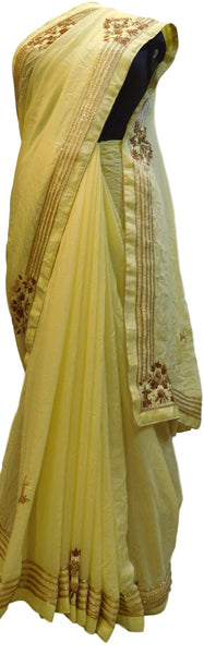 Green Designer PartyWear Crepe (Chinon) Zari Thread Cutdana Beads Stone Hand Embroidery Work Saree Sari